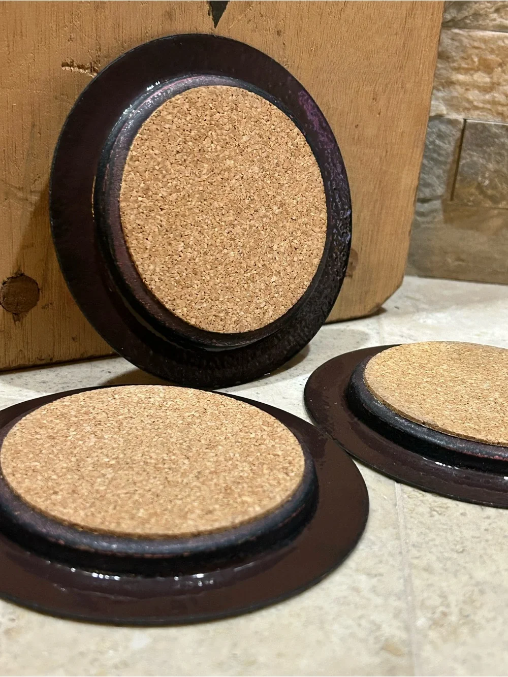 vintage handmade enamel on copper decorative Drink Coaster Set of 3